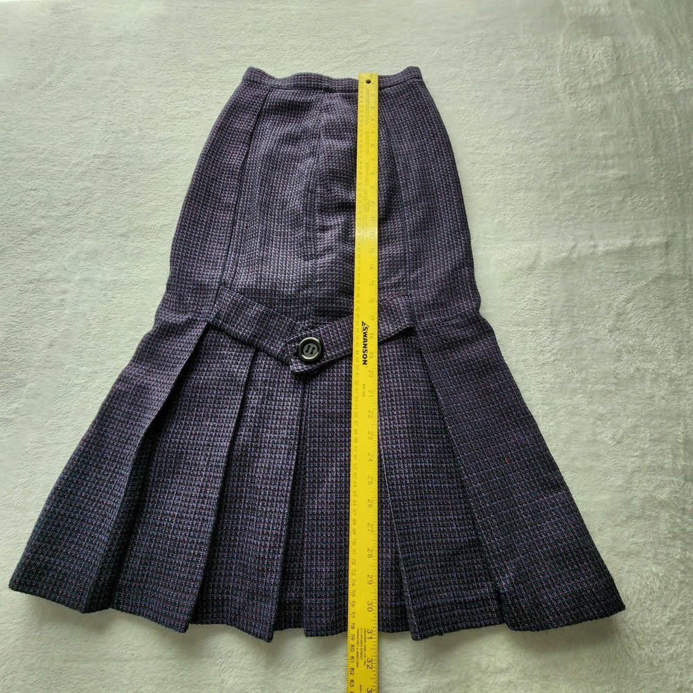 Vintage 70s Tweed Pleated Midi Skirt Womens 5 / 6 Purple Plaid Wool Blend Twee - Picture 8 of 15